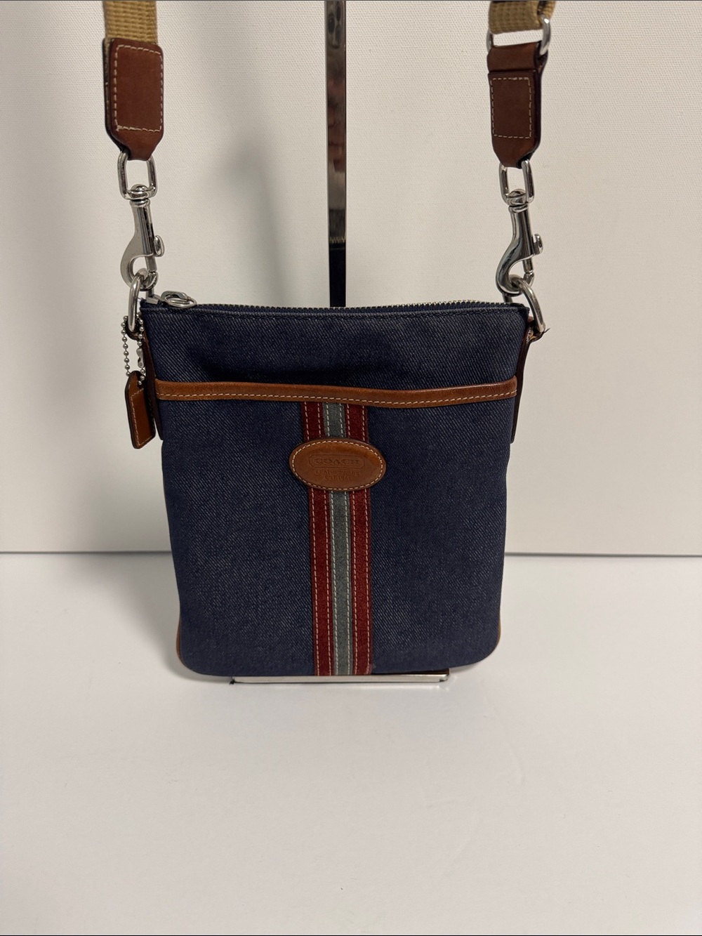 Coach Heritage Stripe Denim Vintage Crossbody Denim and Leather Trim